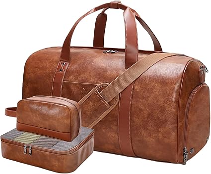 Leather Weekender Bags for Women Men, 3Pcs Women Overnight Bag with Shoe Compartment, Large Capacity Faux Leather Duffle BagToiletry Packing Cube Carry On Bag Fit 21" Laptop