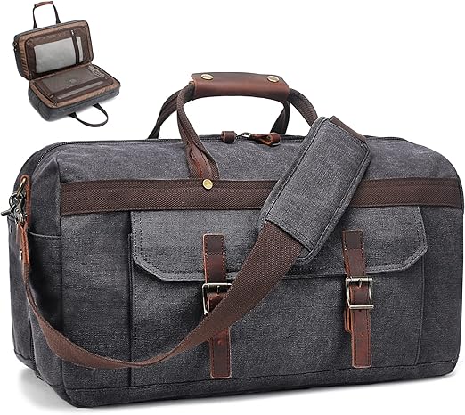 Duffle Bag for Men Waterproof Genuine Leather Canvas Travel Duffel Bags for Women Overnight Weekender Bag for Traveling