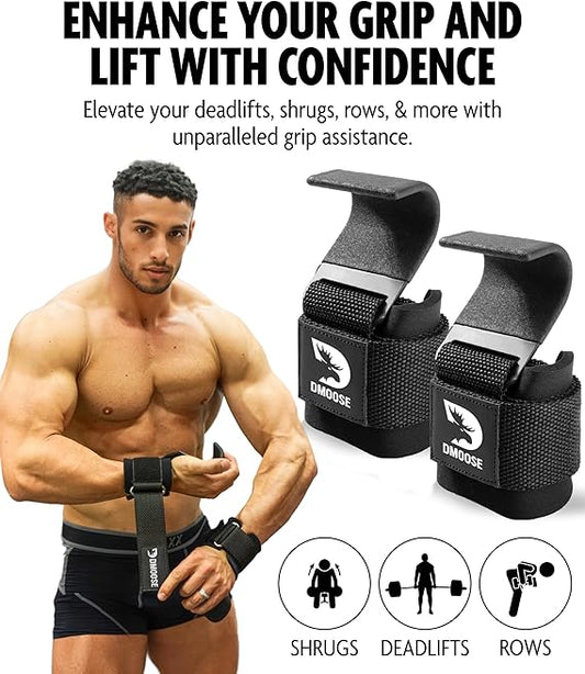 DMoose Fitness Weight Lifting Hooks (Pair) for Deadlifts, Pull Ups & Shrugs - 500 Lbs Capacity, Thick Wrist Padding - Heavy Duty Gym Workout Grips Straps for Men and Women