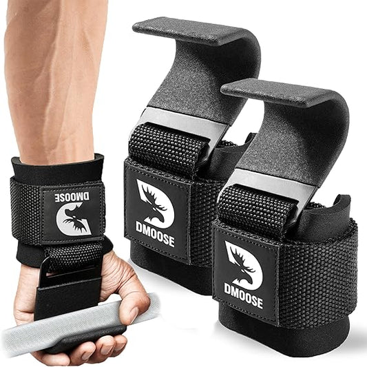 DMoose Fitness Weight Lifting Hooks (Pair) for Deadlifts, Pull Ups & Shrugs - 500 Lbs Capacity, Thick Wrist Padding - Heavy Duty Gym Workout Grips Straps for Men and Women